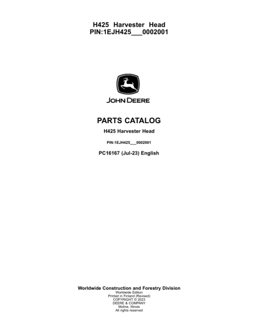 John Deere H425 Harvesting Heads (SN 1EJH425_0002001) Parts Catalog Manual – PC16167