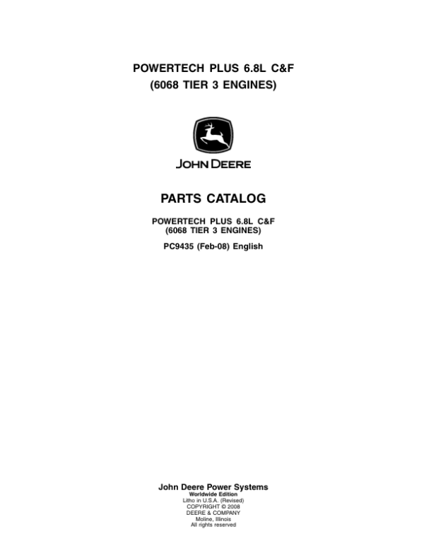 John Deere Powertech Plus 6.8L C&F, 6068 Engines Parts Catalog Manual – PC9435