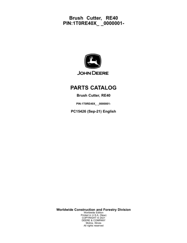 John Deere RE40 Attachments (SN 1T0RE40X_ _0000001-) Parts Catalog Manual – PC15426