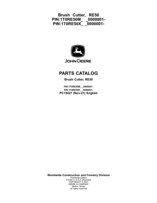 John Deere RE50 Brush Cutter (SN 0000001- & 0000001-) Parts Catalog Manual – PC15427