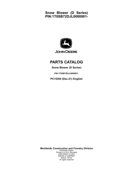 John Deere SB72D, SB78D, SB84D Snow Blowers (SN L0000001-) Parts Catalog Manual – PC15394