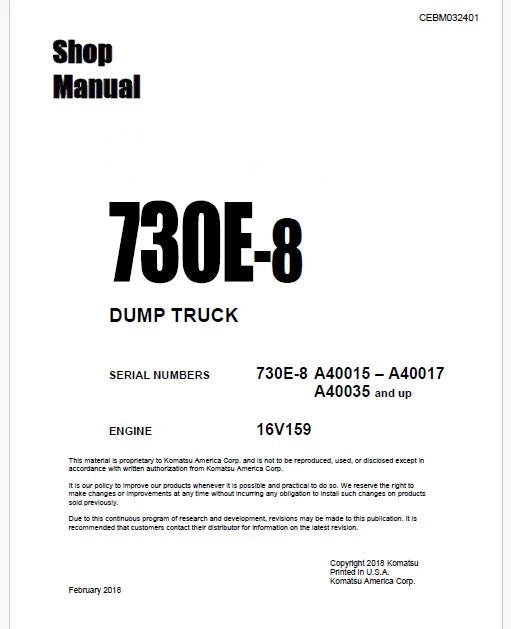Komatsu 730E-8 Dump Truck Pdf Repair Service Manual A40015 – A40017, A40035 and UP