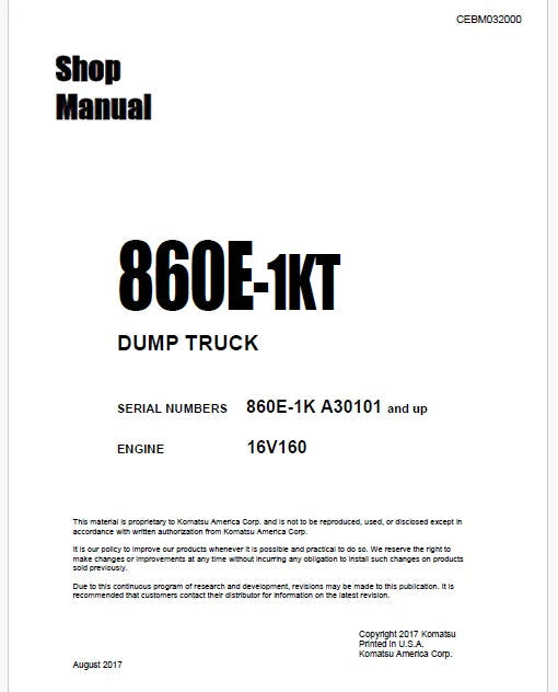 Komatsu 860E-1KT Dump Truck Pdf Repair Service Manual Sn A30101 and UP