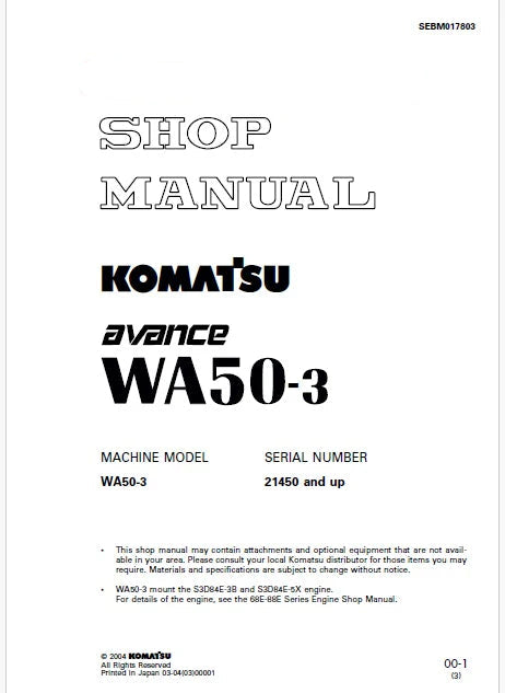 Komatsu Avance WA50-3 Wheel Loader Pdf Repair Service Manual Sn 21450 and UP