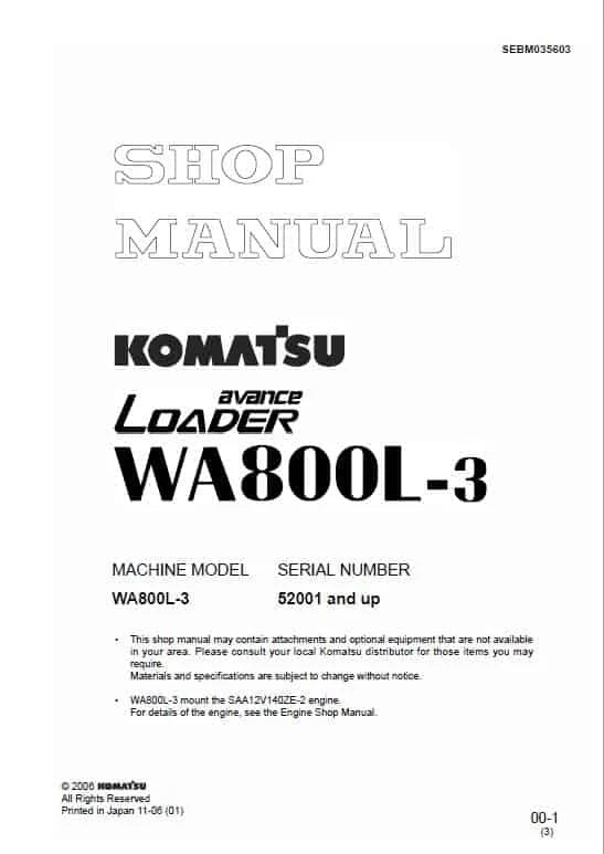 Komatsu Avance WA800L-3 Wheel Loader Pdf Shop Repair Service Manual Sn 52001 And UP