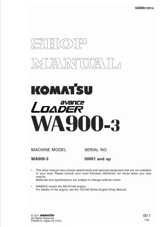 Komatsu Avance WA900-3 Wheel Loader Pdf Shop Repair Service Manual Sn 50001 And UP