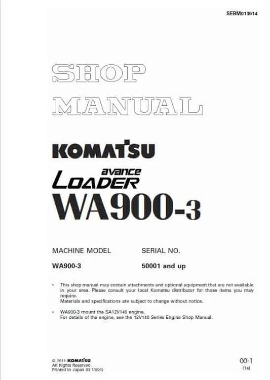 Komatsu Avance WA900-3 Wheel Loader Pdf Shop Repair Service Manual Sn 50001 And UP