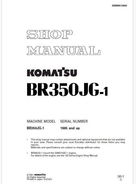 Komatsu BR350JG-1 Mobile Crusher Pdf Repair Service Manual Sn 1005 and UP