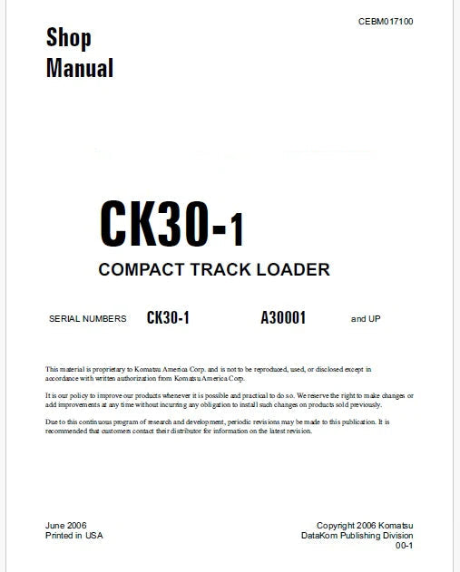Komatsu CK30-1 Compact Track Loader Pdf Repair Service Manual Sn A30001 and UP