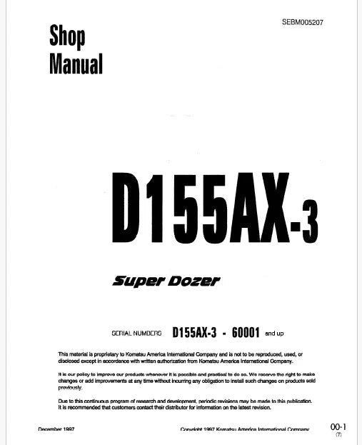 Komatsu D155AX-3 Super Dozer Pdf Shop Repair Service Manual Sn 60001 and UP