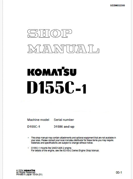 Komatsu D155C-1 Pipe Layer Pdf Repair Service Manual Sn 31586 and UP