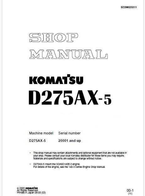 Komatsu D275AX-5 Bulldozer Pdf Shop Repair Service Manual Sn 20001 and UP