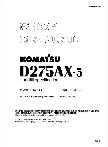 Komatsu D275AX-5 (Landfill specification) Bulldozer Pdf Shop Repair Service Manual Sn 20001 and UP