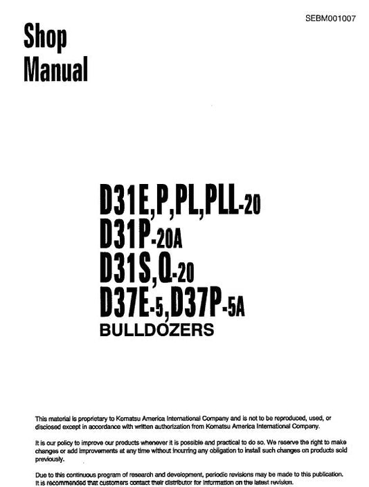 Komatsu D31E-20, D31P-20, D31P-20A, D31PL-20, D31PLL-20, D31S-20, D31Q-20 Bulldozer Pdf Service Repair Manual