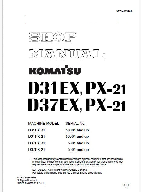 Komatsu D31EX-21, D31PX-21 Bulldozer Pdf Shop Repair Service Manual Sn 50001 and UP (JPN)