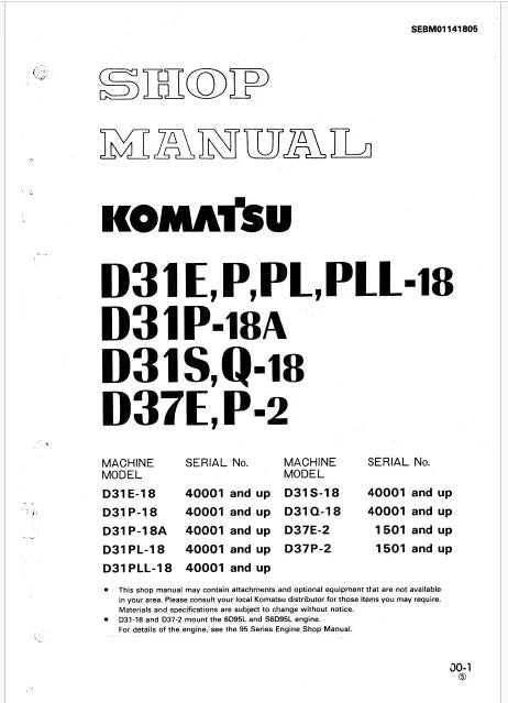 Komatsu D37E-2, D37P-2 Bulldozer Pdf Shop Repair Service Manual Sn 1501 and UP