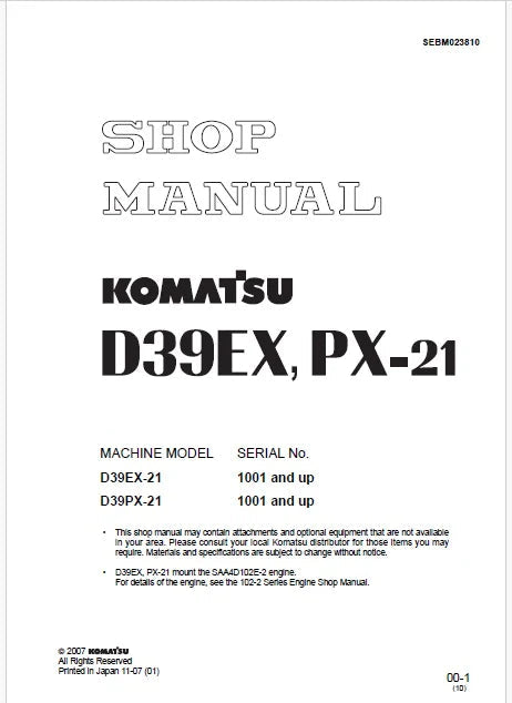 Komatsu D39EX-21, D39PX-21 Bulldozer Pdf Shop Repair Service Manual Sn 1001 and UP