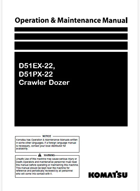 Komatsu D51EX-22, D51PX-22 Crawler Dozer Pdf Operation and Maintenance Manual