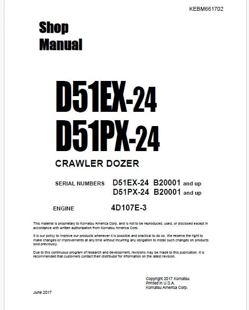 Komatsu D51EX-24, D51PX-24 Bulldozer Pdf Shop Repair Service Manual Sn B20001 and UP