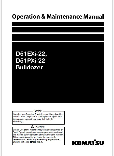 Komatsu D51EXi-22, D51PXi-22 Bulldozer Pdf Operation and Maintenance Manual SN B13500 and up