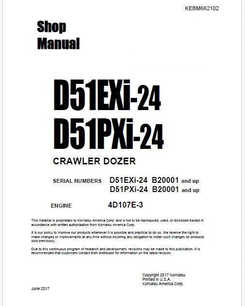 Komatsu D51EXi-24, D51PXi-24 Bulldozer Pdf Shop Repair Service Manual Sn B20001 and UP