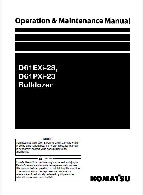 Komatsu D61EXi-23, D61PXi-23 Bulldozer Pdf Operation and Maintenance Manual