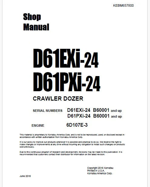 Komatsu D61EXi-24, D61PXi-24 Bulldozer Pdf Shop Repair Service Manual Sn B60001 and UP