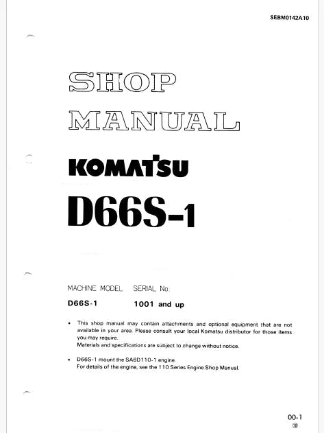 Komatsu D66S-1 Crawler Loader Pdf Repair Service Manual Sn 1001 and UP