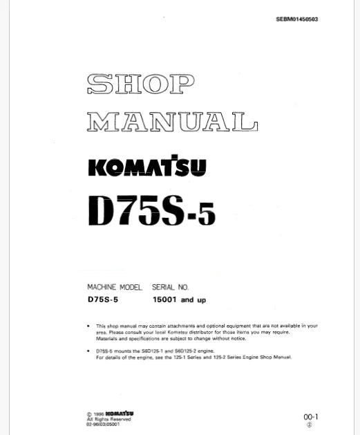 Komatsu D75S-5 Crawler Loader Pdf Repair Service Manual Sn 15001 and UP