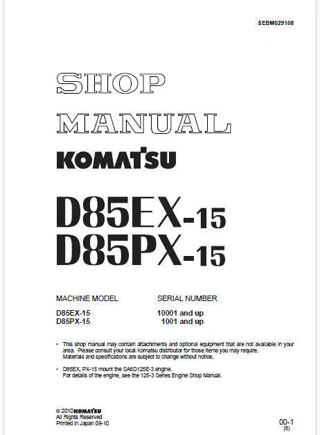 Komatsu D85EX-15 Bulldozer Pdf Shop Repair Service Manual Sn 10001 and UP
