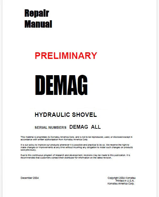 Komatsu DEMAG Hydraulic Shovel Pdf Repair Service Manual