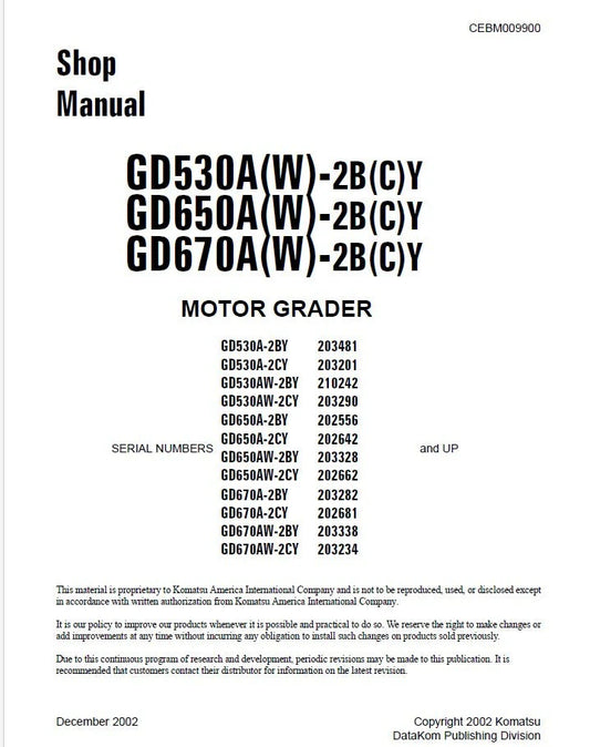 Komatsu GD530A(W)-2B(C)Y Motor Grader Pdf Repair Service Manual
