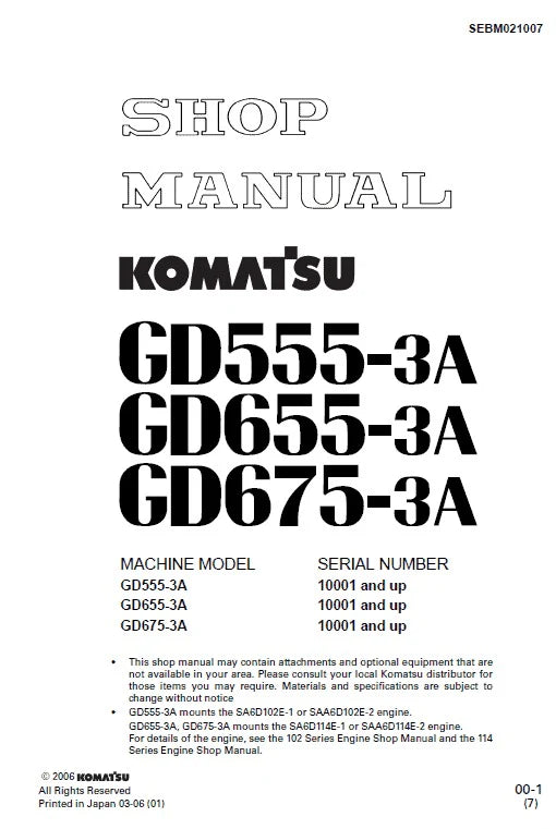 Komatsu GD555-3A, GD655-3A, GD675-3A Motor Grader Pdf Shop Repair Service Manual