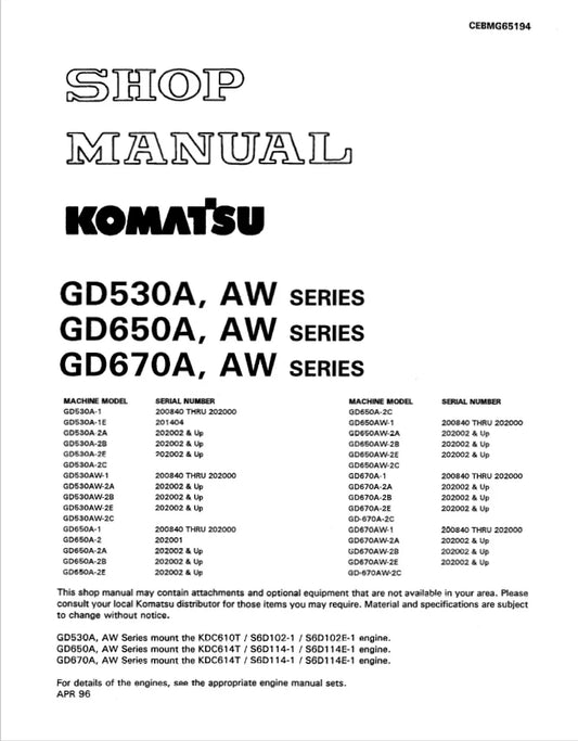Komatsu GD650A, AW SERIES Motor Grader Pdf Repair Service Manual