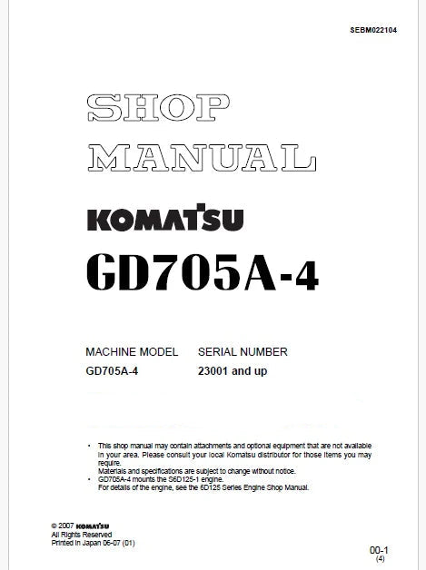 Komatsu GD705A-4 Motor Grader Pdf Repair Service Manual Sn 23001 and UP
