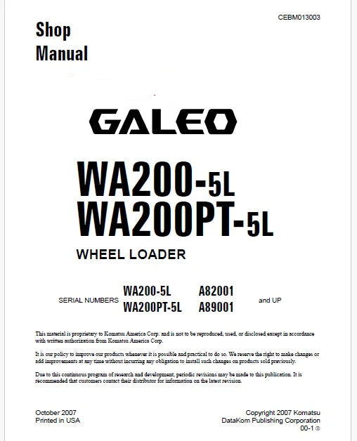 Komatsu Galeo WA200PT-5L Wheel Loader Pdf Repair Service Manual Sn A89001 and UP