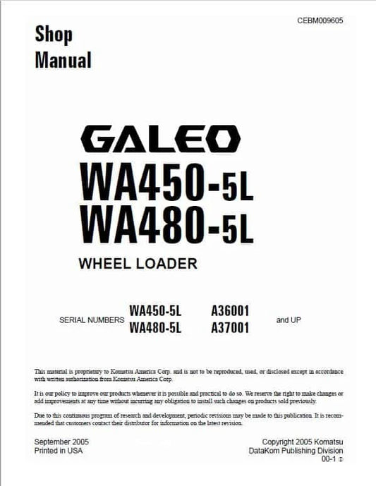 Komatsu Galeo WA450-5L, WA480-5L Wheel Loader Pdf Shop Repair Service Manual
