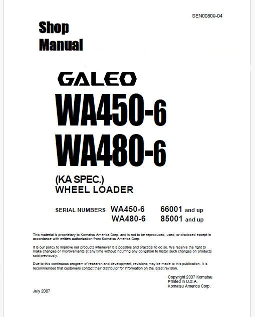 Komatsu Galeo WA450-6 Wheel Loader Pdf Repair Service Manual Sn 66001 and UP (KA SPEC.)