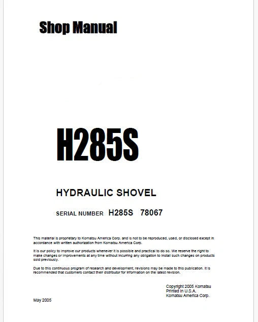 Komatsu H285S Hydraulic Shovel Pdf Repair Service Manual Sn 78067