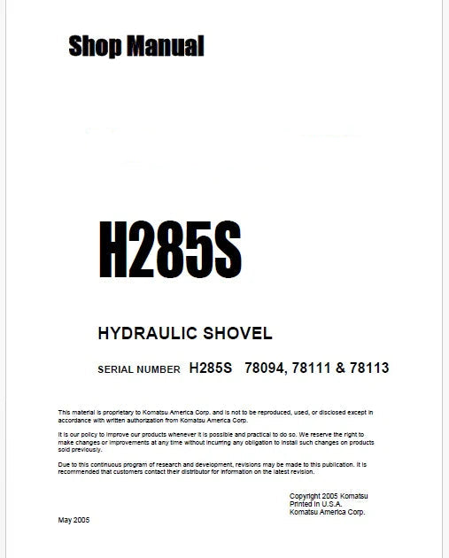 Komatsu H285S Hydraulic Shovel Pdf Repair Service Manual Sn 78113