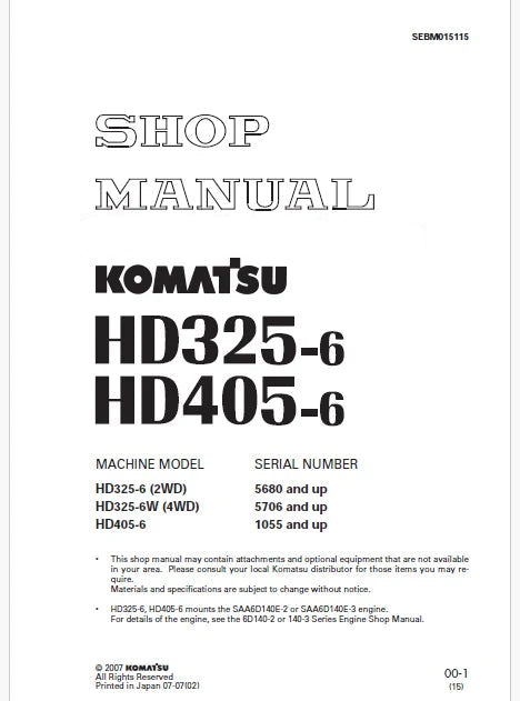 Komatsu HD325-6W (4WD) Dump Truck Pdf Repair Service Manual Sn 5706 and UP