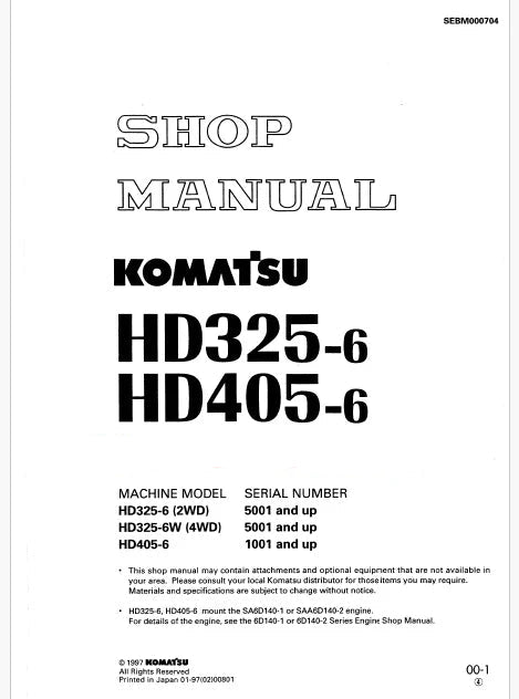 Komatsu HD405-6 Dump Truck Pdf Repair Service Manual Sn 1001 and UP