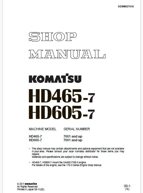 Komatsu HD465-7, HD605-7 Dump Truck Pdf Repair Service Manual Sn 7001 and UP