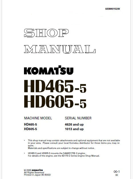 Komatsu HD605-5 Dump Truck Pdf Repair Service Manual Sn 1013 and UP