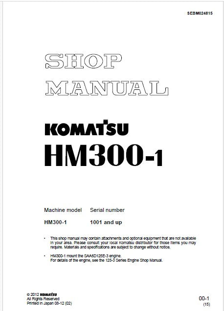 Komatsu HM300-1 Articulated Dump Truck Pdf Shop Repair Service Manual Sn 1001 and UP