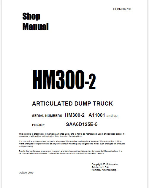 Komatsu HM300-2 Articulated Dump Truck Pdf Shop Repair Service Manual Sn A11001 and UP (USA)
