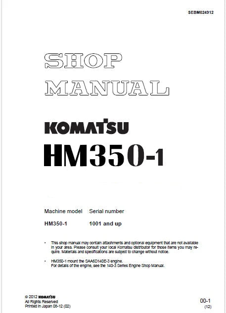 Komatsu HM350-1 Articulated Dump Truck Pdf Shop Repair Service Manual Sn 1001-UP