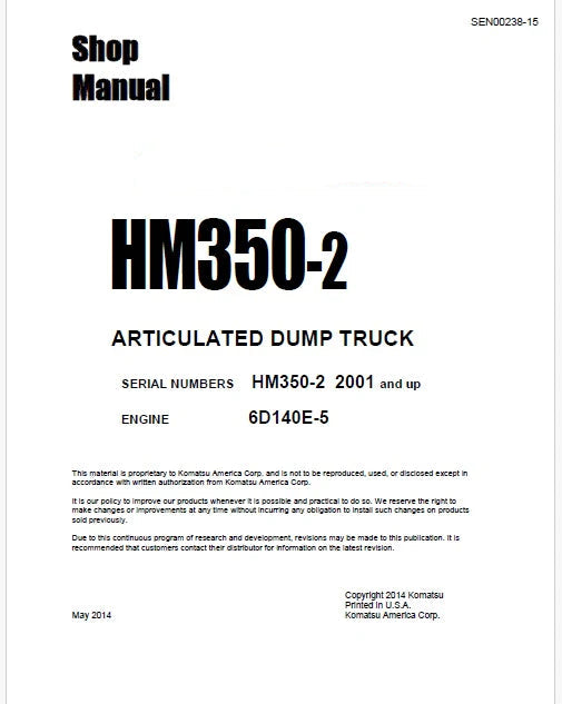 Komatsu HM350-2 Articulated Dump Truck Pdf Shop Repair Service Manual Sn 2001 and UP