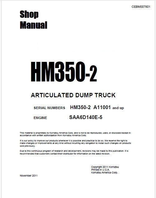 Komatsu HM350-2 Articulated Dump Truck Pdf Shop Repair Service Manual Sn A11001-UP