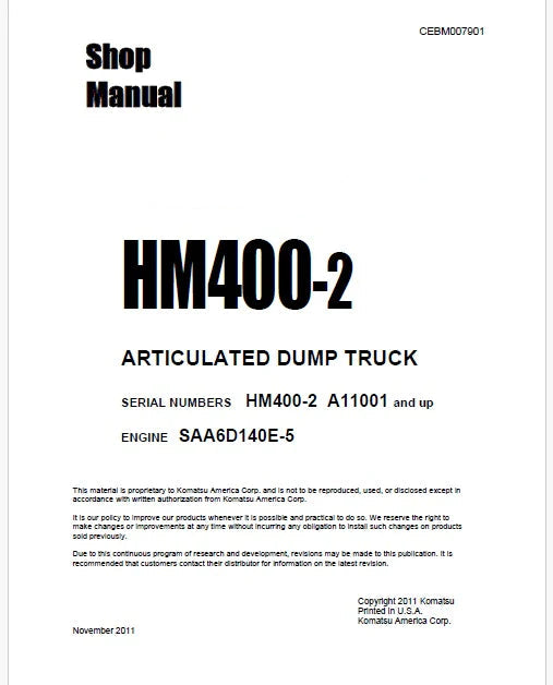 Komatsu HM400-2 Articulated Dump Truck Pdf Shop Repair Service Manual Sn A11001 and UP